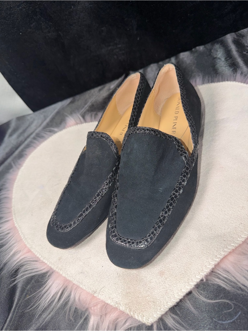 Stuart Weitzman Black Suede Slip-On Loafers with Textured Trim